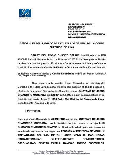 Pdf Especialista Legal Expediente N Escrito N 01 Cuderno Principal