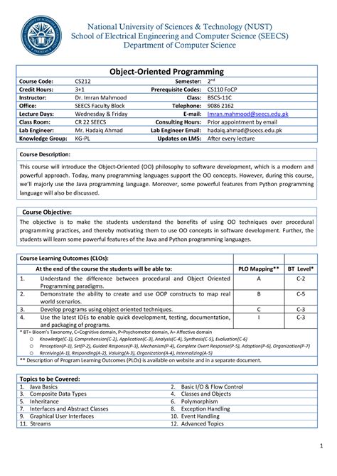 CS 212 BSCS Object Oriented Programming School Of Electrical