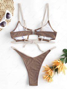 ZAFUL Ribbed Contrast Strap Cut Out Thong Bikini Swimwear In COFFEE