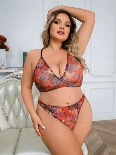 SHEIN Plus Floral Print Mesh Lingerie Set SHEIN USA