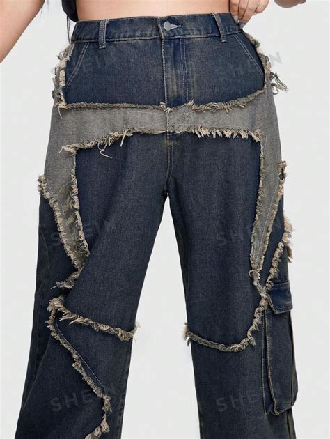 Romwe Grunge Punk Women S Plus Size Cargo Pocket Denim Trousers Shein Usa