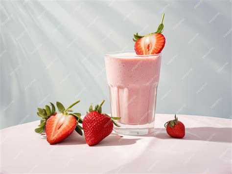 Premium Photo Glass Of Strawberry Milk With Fresh Fruit On Minimal