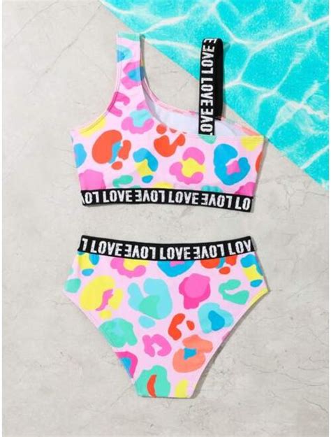 Buy Shein Girls Letter Graphic Asymmetrical Neck Bikini Swimsuit Online
