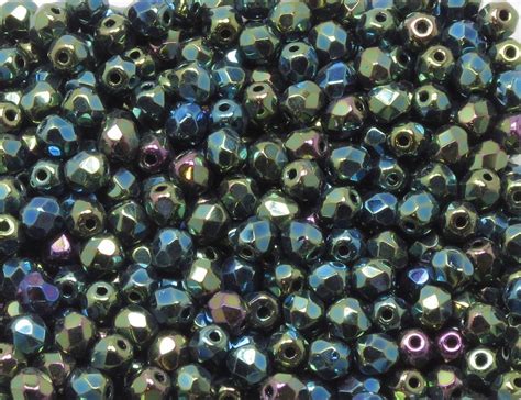 4mm Fire Polished Beads Jet Green Iris Czech Faceted Round Beads 50 Beads By