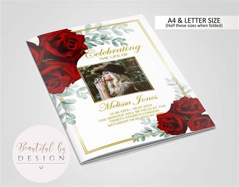 8 Page Red Roses Funeral Program Template Celebration Of Etsy UK