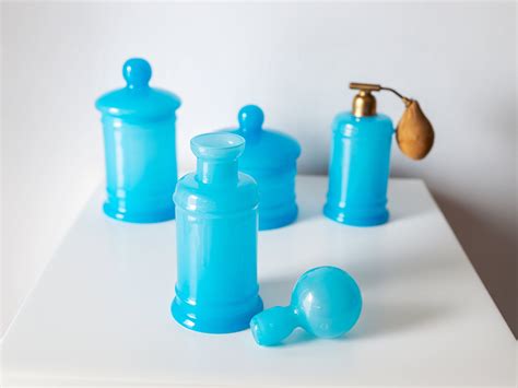 Vintage Blue Opaline Glass Vanity Set Veritable Opaline De Murano Turquoise Dresser Set