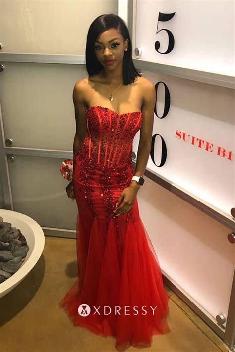 Beaded Red Satin Strapless Mermaid Long Prom Dress Xdressy