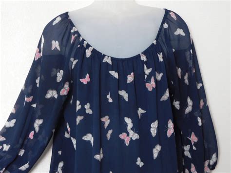 ROZ ALI Plus Size 2 X Navy Blue Butterfly S 3 4 Sleeves Tunic Top