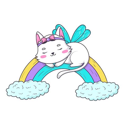 Fée de chat de dessin animé mignon dormant sur arc en ciel