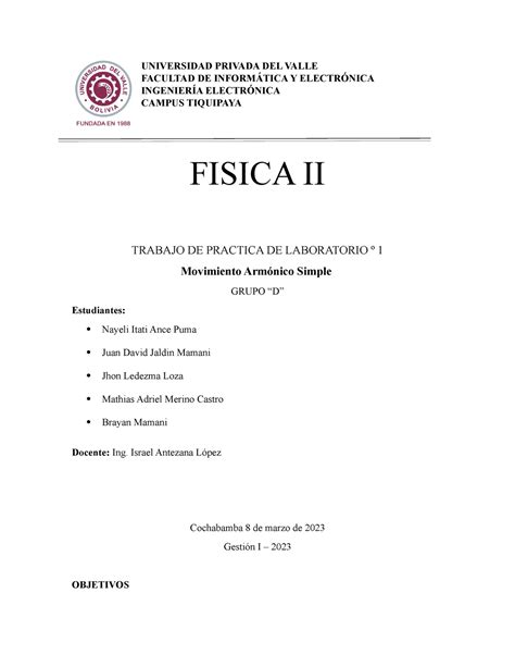 Informe Fisicaii Labo Universidad Privada Del Valle Facultad De