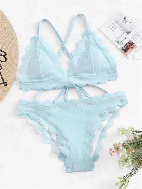 Scalloped Trim Criss Cross Top With Textured Bikini Set