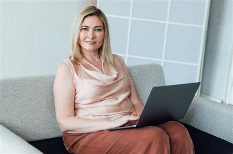Happy Stylish Mature Woman Remote Working From Home Distance Office On
