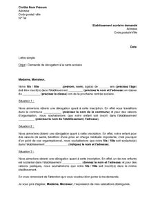 Lettre de demande de dérogation à la carte scolaire pour un collège