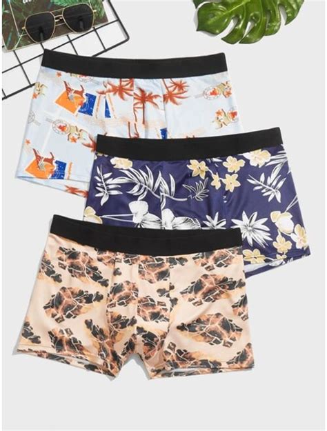 Buy Shein Men Pack Random Tropical Print Contrast Trim Boxer Brief