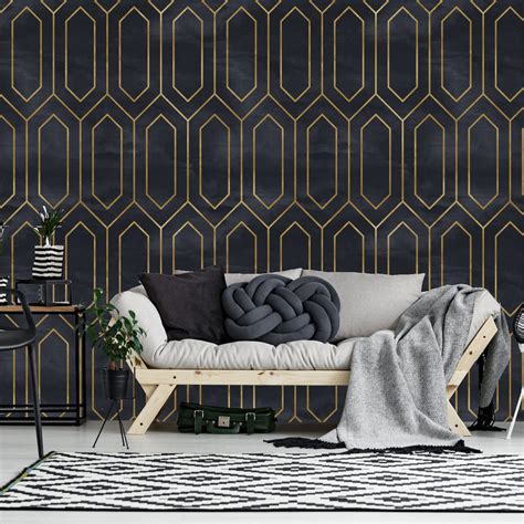 Geometric Art Deco Black Gold Wallpaper Printmyspace Etsy