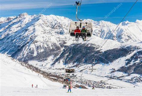 Livigno Italy January 28 2015 Ski Lift And Ski Slopes In The