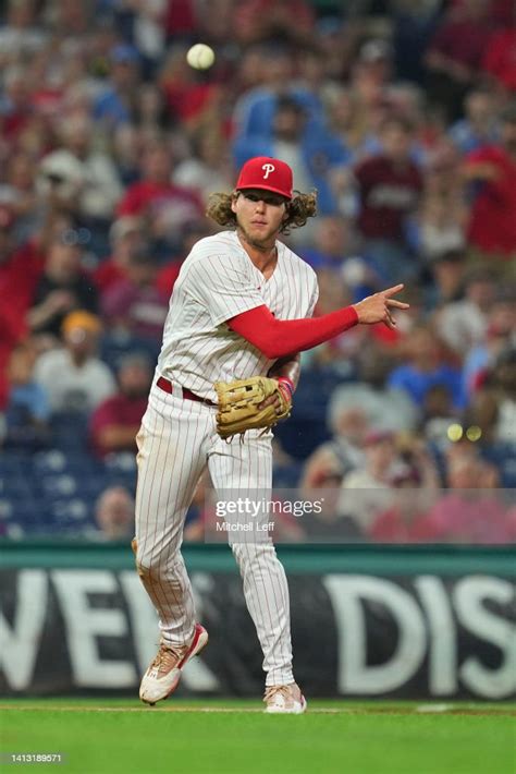 Alec Bohm of the Philadelphia Phillies throws the ball to first base ...