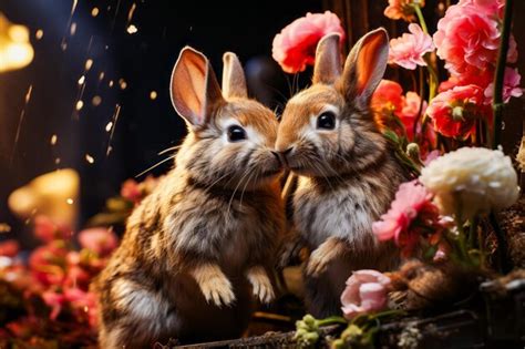 Premium Ai Image Two Rabbits Sitting Next To Each Other In Front Of