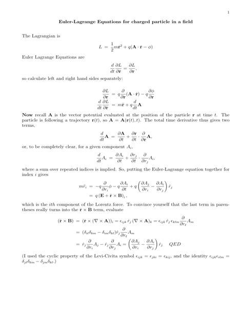 Euler Lagrange Equations For Charged Particle In A Field The Lagrangian