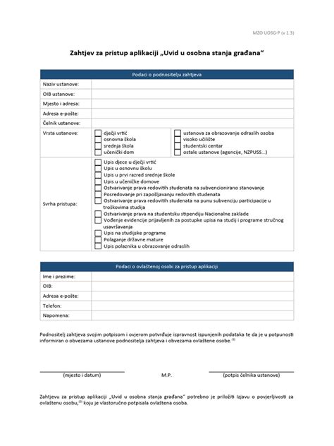 Zahtjev Za Pristup Aplikaciji Uvid U Osobna Stanja Građana Mzo Uosg P Pdf