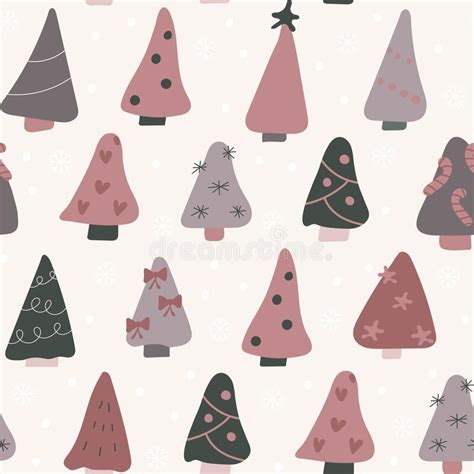 Seamless Pattern Of Cute Christmas Trees With Snowflakes For New Year