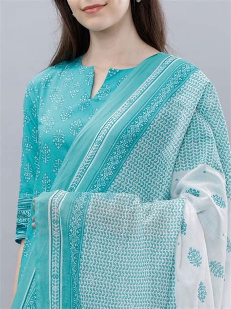 Buy Vishudh Sea Green And Off White Ethnic Motifs Printed Straight Kurta