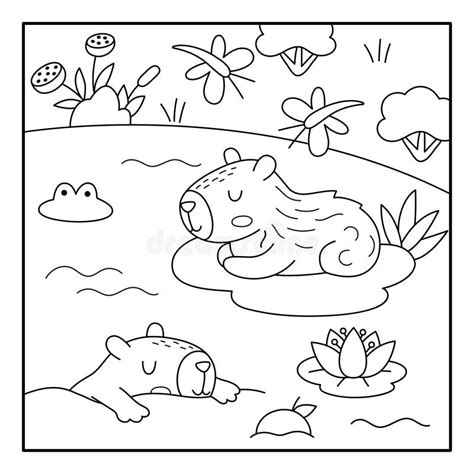 Vector Black And White Capybara Landscape Illustration Line Square