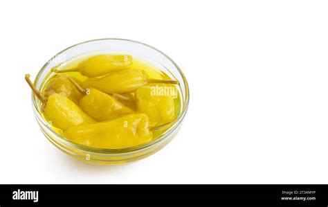 Pickled Yellow Pepper Pepperoncini Or Friggitelli In Bowl Isolated On White Background Hot