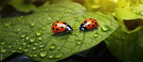 A Pair Of Ladybugs Small Red Beetles With Black Spots Are Situated On