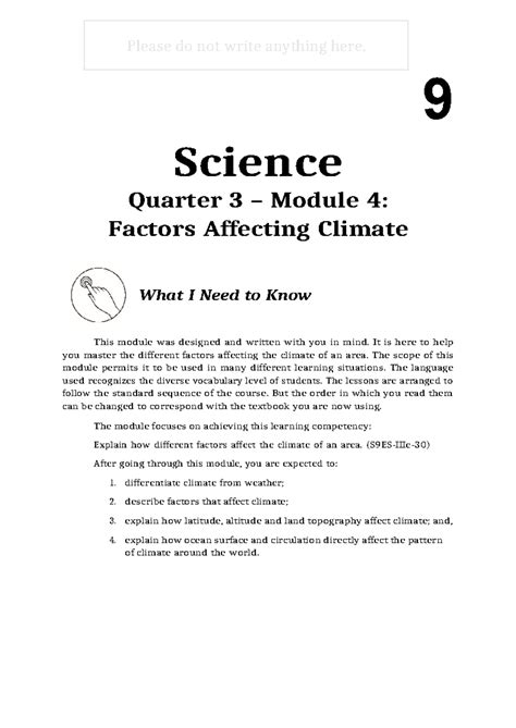 Science 9 Q3 Module 4: Understanding Factors Affecting Climate - Studocu