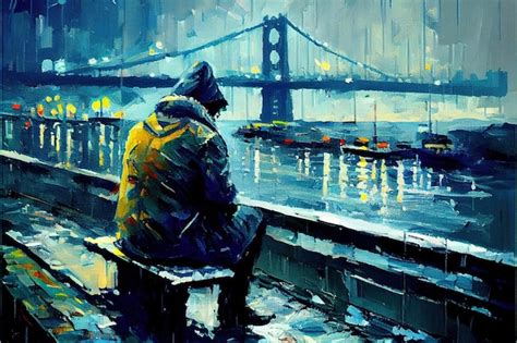 Premium AI Image | A painting of a man sitting on a bench in front of a bridge.