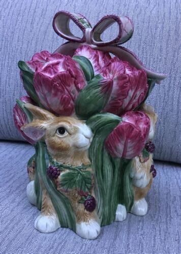 Fitz Floyd Blackberry Rabbit Bunny Cookie Jar And Lid Spring Easter