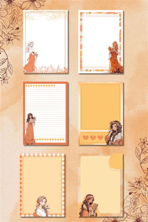 Orange Cute Anime Boho Girl Printable Digital Notepad Memo Pad Six