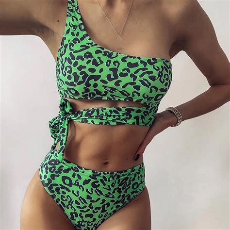 Maillot De Bain Lacets Imprim L Opard Vert Bikini Taille Haute