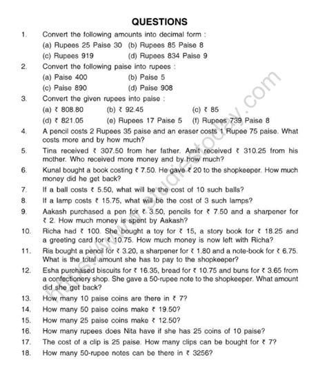 Cbse Class 5 Mental Maths Money Worksheet Promise Quotes Money Math