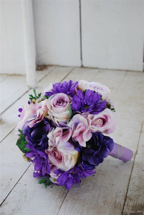 Silk Bridal Bouquet, Purple Roses, Gerbera Daisies, Lavender Hydrangeas #2523794 - Weddbook