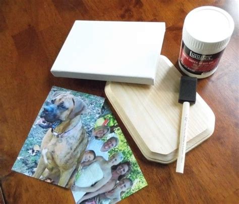 A Dog Is Sitting On The Table Next To Some Pictures And A Paint Can