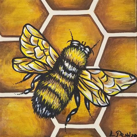 Honeybee on Honeycomb Original Acrylic Painting with Glitter HIghlights