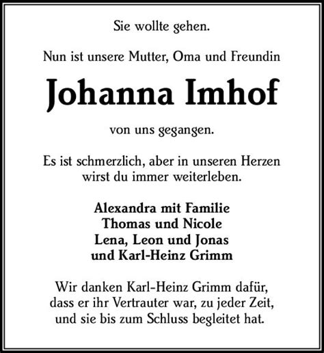 Traueranzeigen Von Johanna Imhof Vrm Trauer De