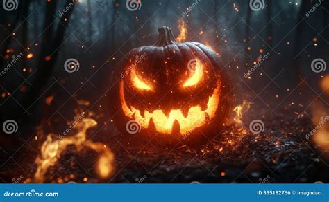 Flaming Jack O Lantern In A Dark Forest Stock Illustration