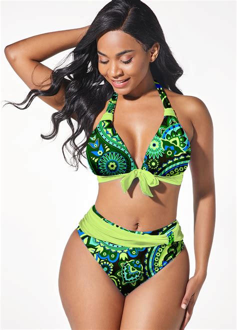 ROTITA Green Bowknot Paisley Print Bikini Set Rotita USD 31 98