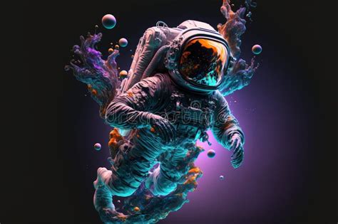 Astronaut Floating In The Deep Space With Iridescent Fluid Of Ink Stock