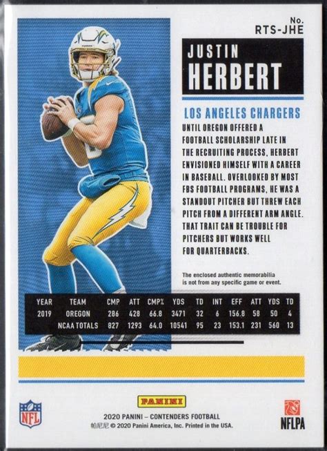 Justin Herbert 2020 Panini Contenders Rookie Ticket Swatches RTS JHE