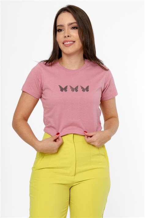 T Shirt Borboletas Stras Rosa Seco Atacado Tshirt Use Criativa