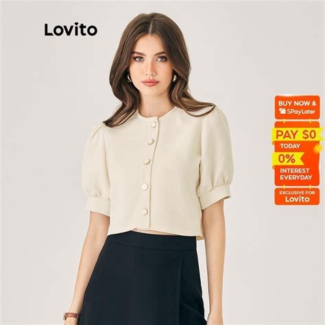 Lovito Casual Plain Button Front Puff Sleeve Round Neck Short Sleeves