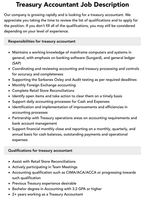 Treasury Accountant Job Description Velvet Jobs