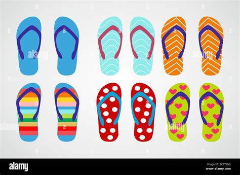 Set Of Beach Slippers Colorful Summer Flip Flops Over Gray Background