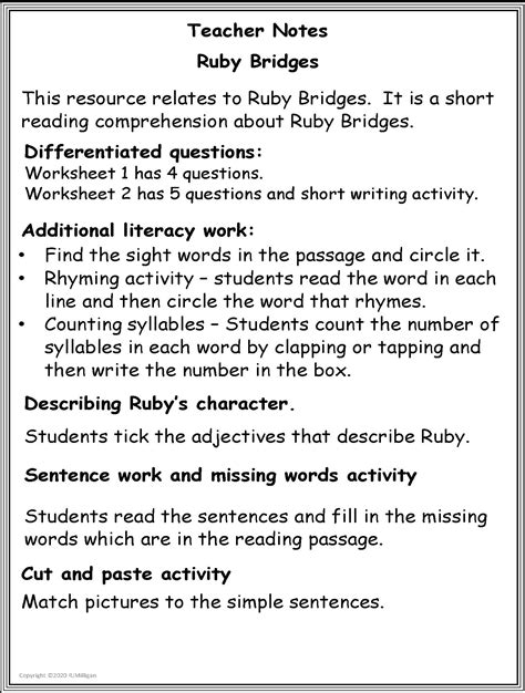 Reading Comprehension Passage Questions Worksheets Ruby Bridges Black