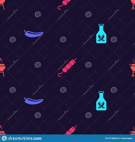 Set Ketchup Bottle Hot Chili Pepper Pod Grilled Shish Kebab And Barbecue Grilled On Seamless