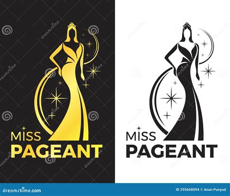 Miss Pageant Logo Black And Gold Tone The Beauty Queen Pageant Wearing Evening Gown And Crown